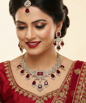 Maroon yellow gold premium designer american diamond and stone work necklace set 1