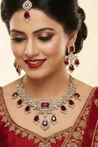 Maroon yellow gold premium designer american diamond and stone work necklace set