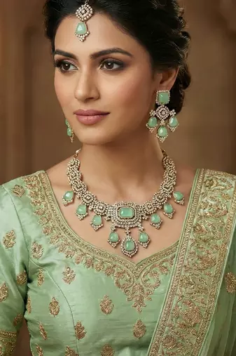 Green yellow gold premium designer american diamond and stone work necklace set