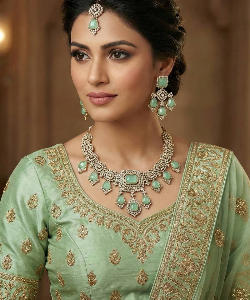 Green yellow gold premium designer american diamond and stone work necklace set