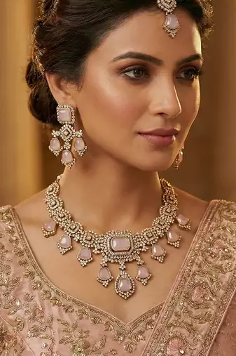 Pink yellow gold premium designer american diamond and stone work necklace set