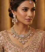Pink yellow gold premium designer american diamond and stone work necklace set