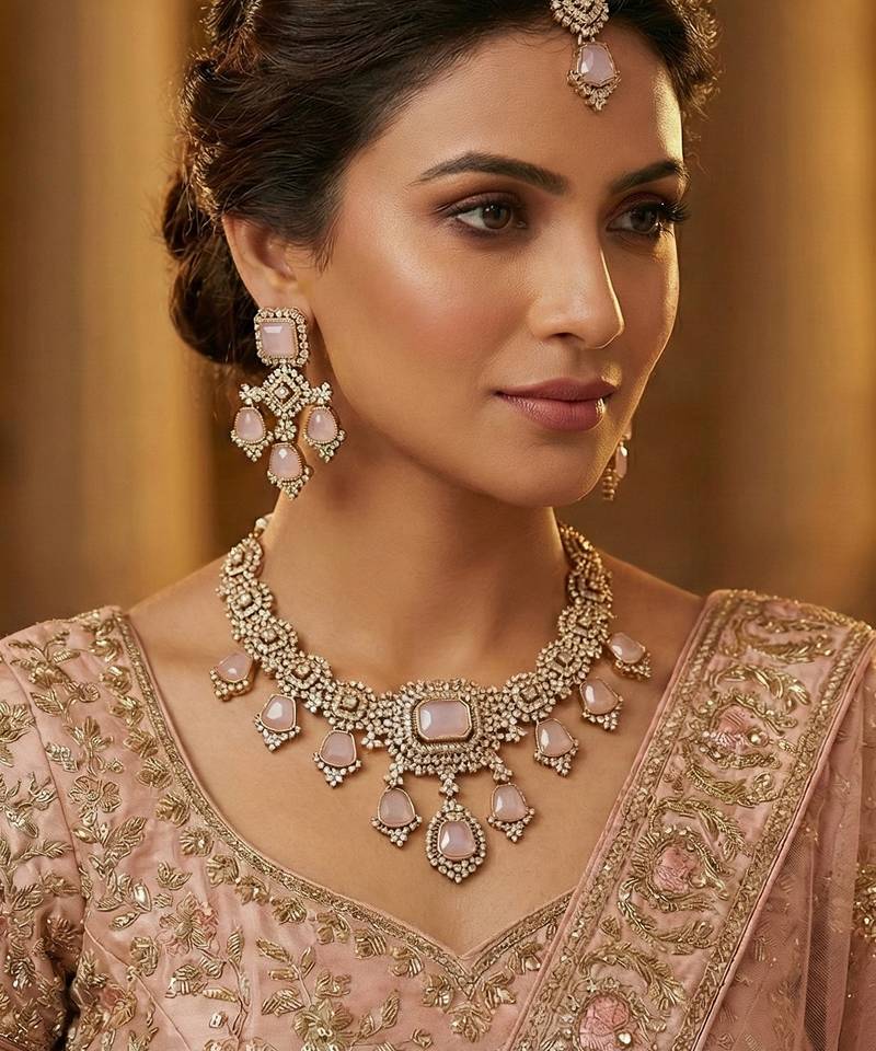 Pink yellow gold premium designer american diamond and stone work necklace set
