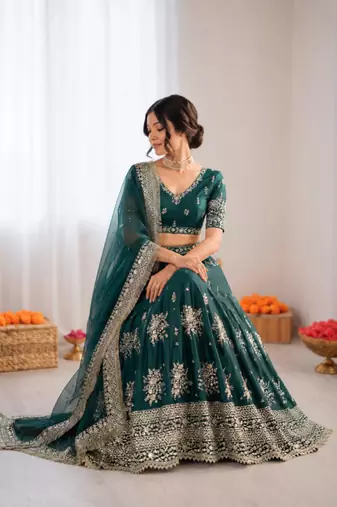 green art silk embroidered traditional lehenga-choli