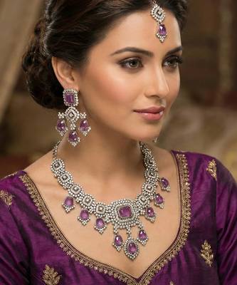 Purple yellow gold premium designer american diamond and stone work necklace set 1