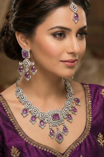 Purple yellow gold premium designer american diamond and stone work necklace set