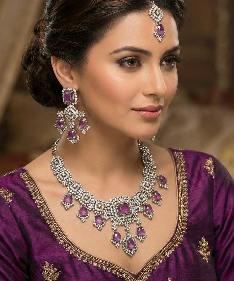 Purple yellow gold premium designer american diamond and stone work necklace set