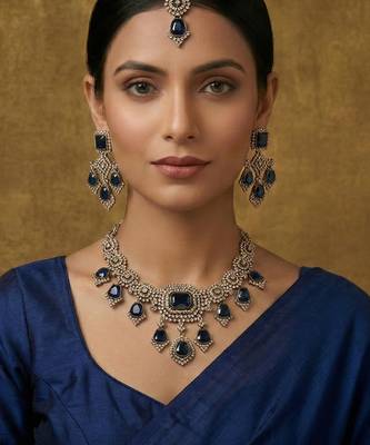 Blue yellow gold premium designer american diamond and stone work necklace set 1