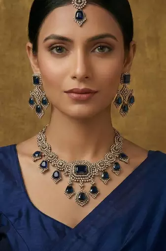 Blue yellow gold premium designer american diamond and stone work necklace set