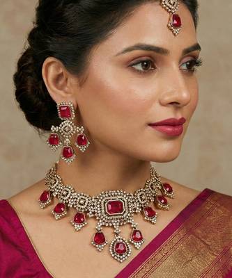 Pink yellow gold premium designer american diamond and stone work necklace set 1