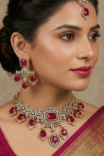Pink yellow gold premium designer american diamond and stone work necklace set