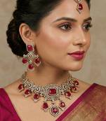 Pink yellow gold premium designer american diamond and stone work necklace set