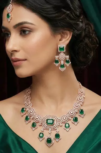 Green rose gold premium designer american diamond and stone work necklace set