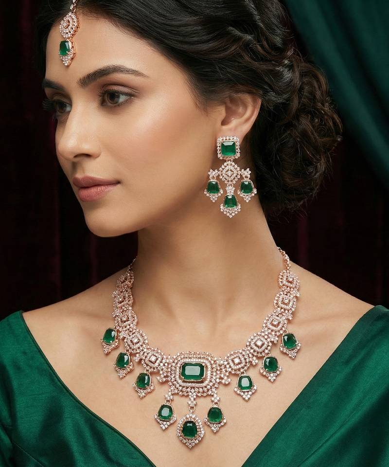 Green rose gold premium designer american diamond and stone work necklace set