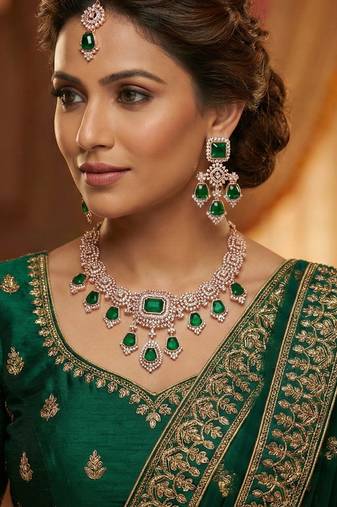 Green rose gold premium designer american diamond and stone work necklace set