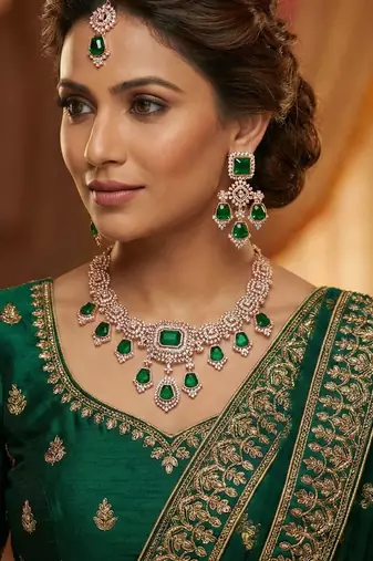 Green rose gold premium designer american diamond and stone work necklace set
