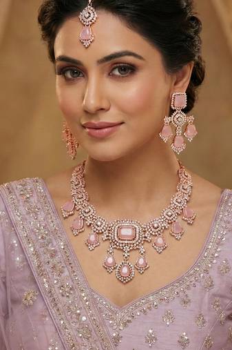 Purple rose gold premium designer american diamond and stone work necklace set