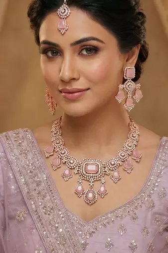 Purple rose gold premium designer american diamond and stone work necklace set