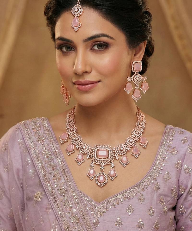 Purple rose gold premium designer american diamond and stone work necklace set