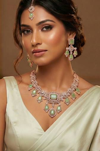 Green rose gold premium designer american diamond and stone work necklace set