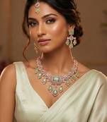 Green rose gold premium designer american diamond and stone work necklace set