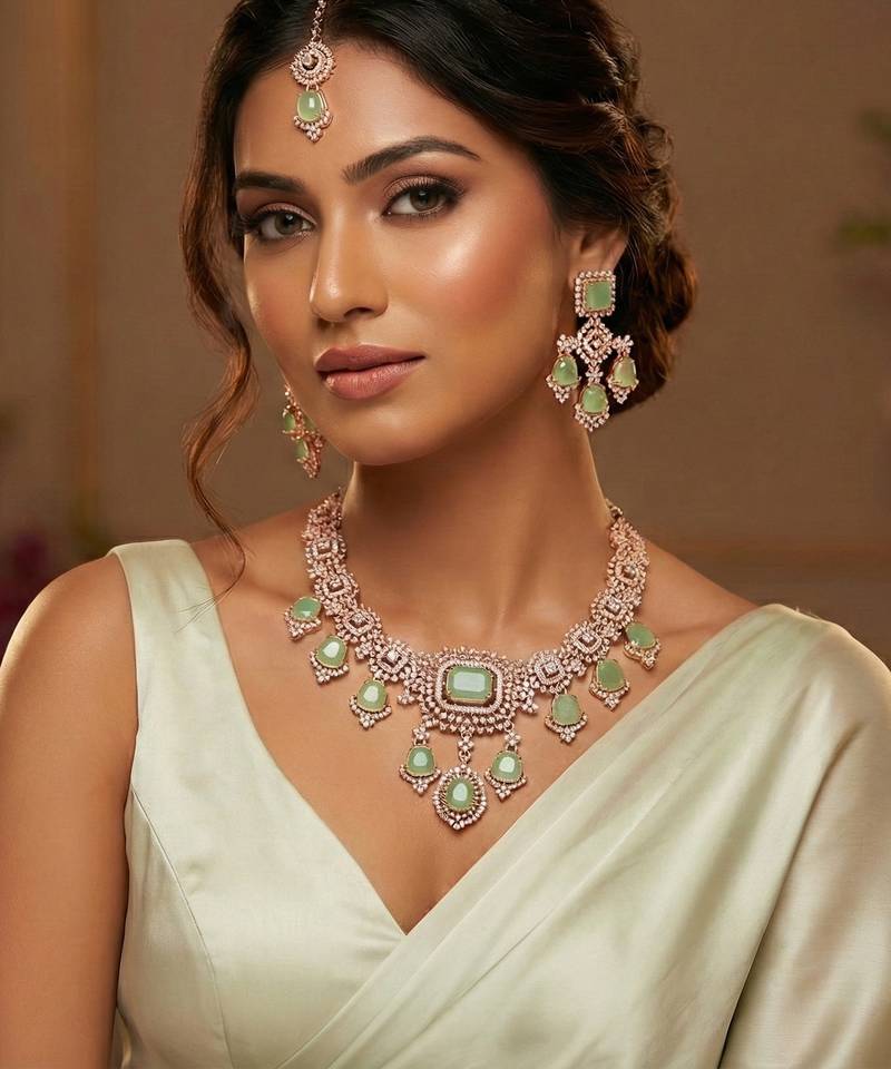 Green rose gold premium designer american diamond and stone work necklace set