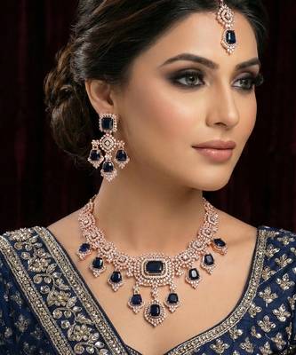 Blue rose gold premium designer american diamond and stone work necklace set 1