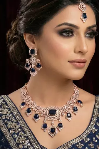 Blue rose gold premium designer american diamond and stone work necklace set