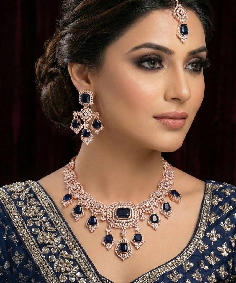 Blue rose gold premium designer american diamond and stone work necklace set