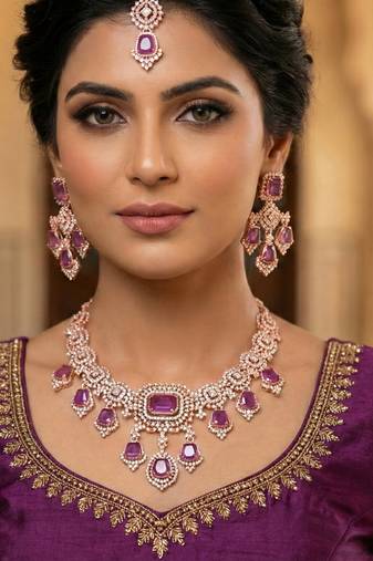 Purple rose gold premium designer american diamond and stone work necklace set