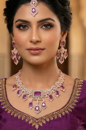 Purple rose gold premium designer american diamond and stone work necklace set