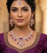 Purple rose gold premium designer american diamond and stone work necklace set
