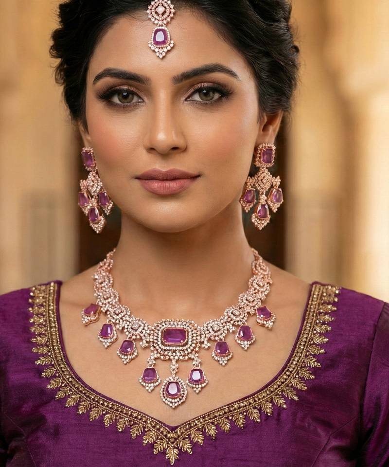 Purple rose gold premium designer american diamond and stone work necklace set