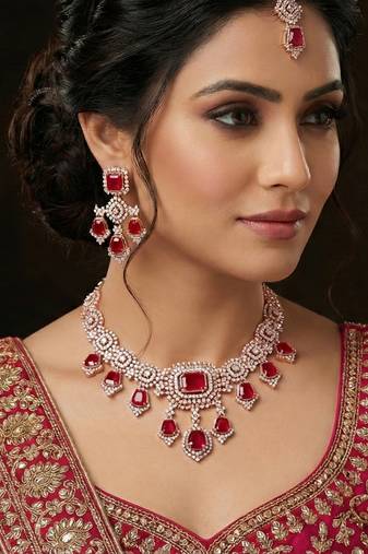 Pink rose gold premium designer american diamond and stone work necklace set
