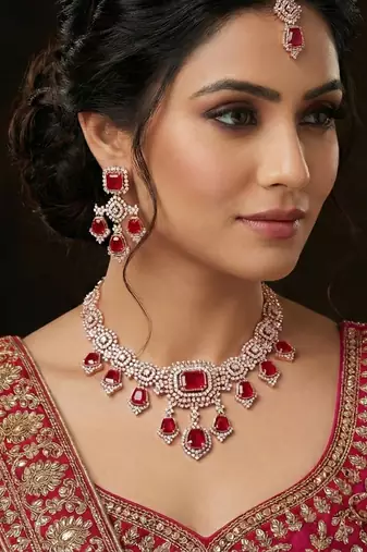 Pink rose gold premium designer american diamond and stone work necklace set