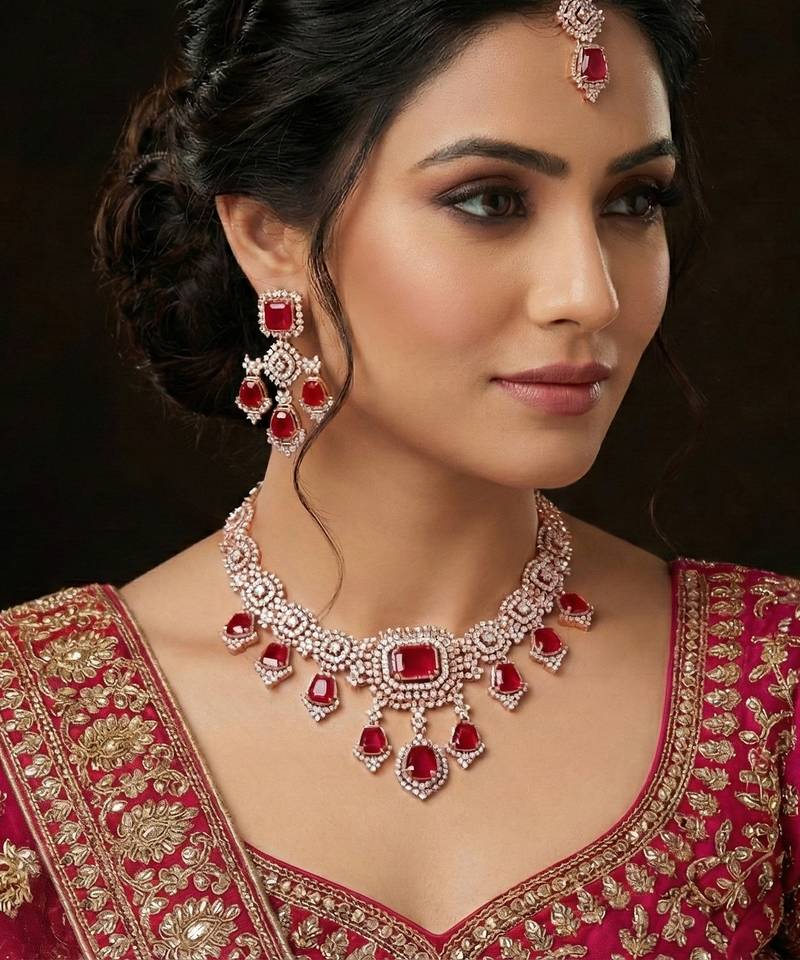 Pink rose gold premium designer american diamond and stone work necklace set