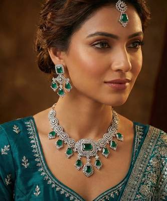 Green rhodium premium designer american diamond and stone work necklace set 1