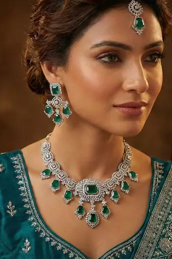 Green rhodium premium designer american diamond and stone work necklace set