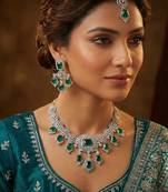 Green rhodium premium designer american diamond and stone work necklace set