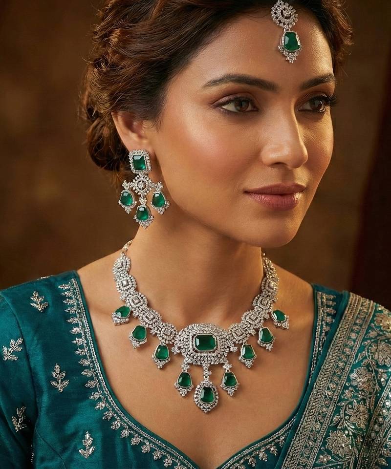 Green rhodium premium designer american diamond and stone work necklace set