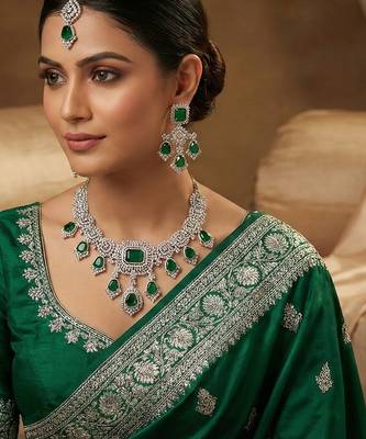 Green rhodium premium designer american diamond and stone work necklace set 1