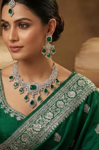 Green rhodium premium designer american diamond and stone work necklace set