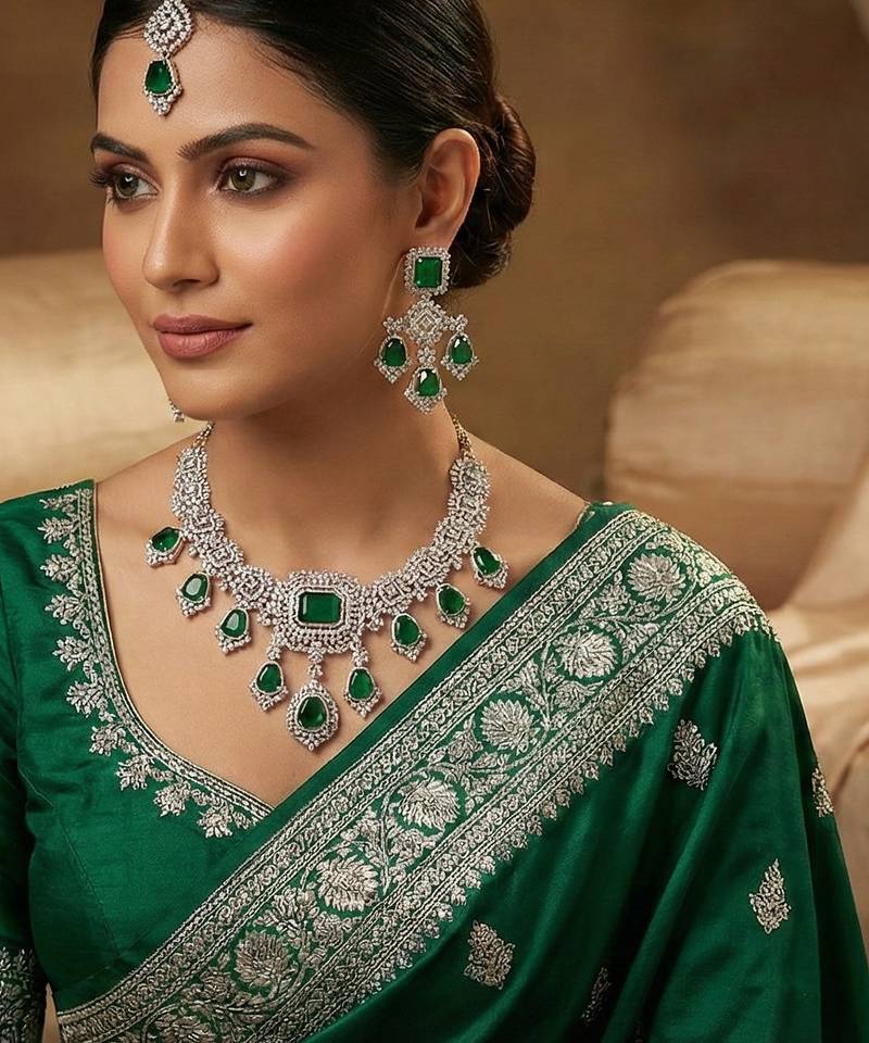 Green rhodium premium designer american diamond and stone work necklace set