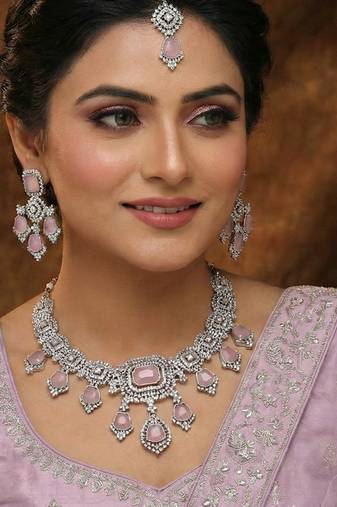 Purple rhodium premium designer american diamond and stone work necklace set