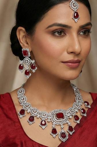 Maroon rhodium premium designer american diamond and stone work necklace set