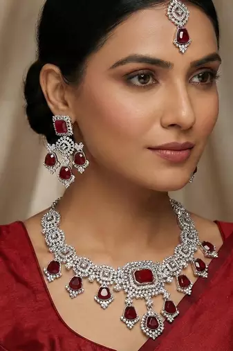 Maroon rhodium premium designer american diamond and stone work necklace set