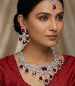 Maroon rhodium premium designer american diamond and stone work necklace set