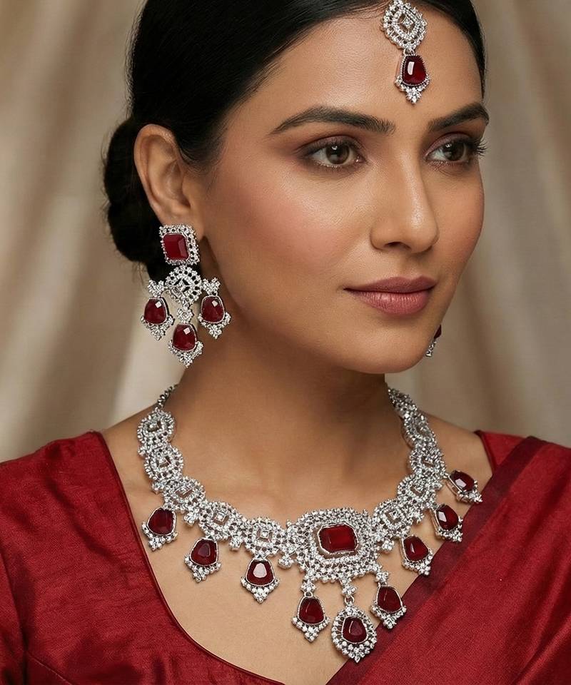Maroon rhodium premium designer american diamond and stone work necklace set