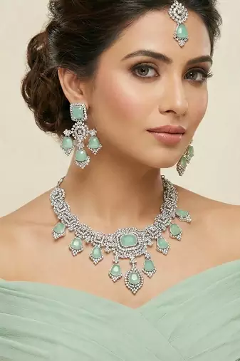 Green rhodium premium designer american diamond and stone work necklace set