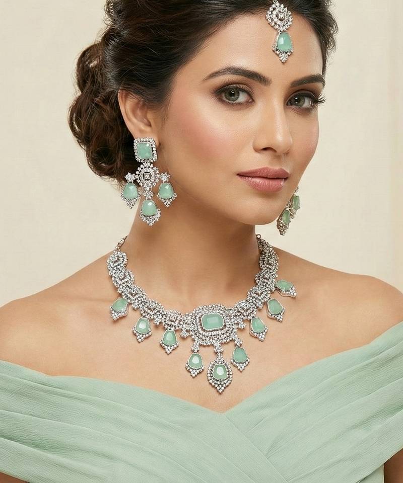 Green rhodium premium designer american diamond and stone work necklace set